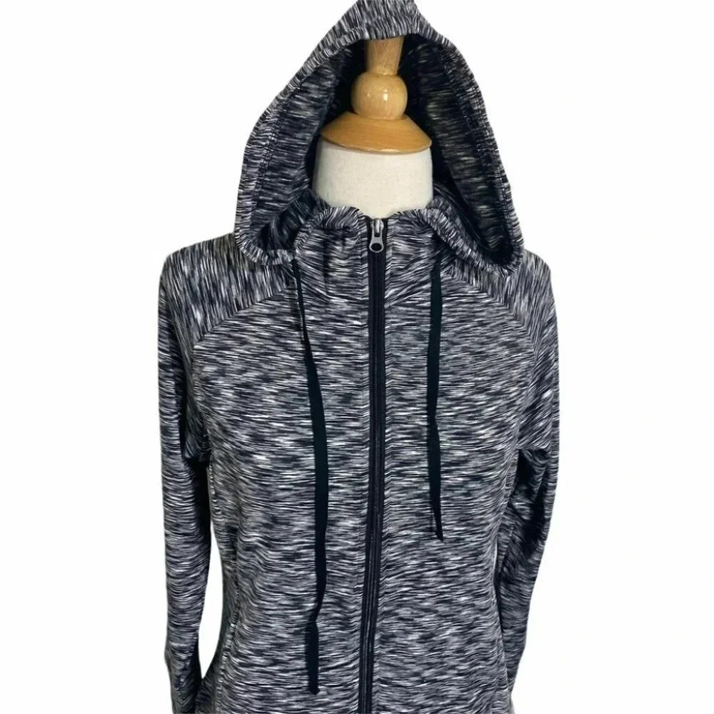 Daisy Fuentes FIT Full Zip Hoodie Medium Black White Space Dye Thumbhole Active